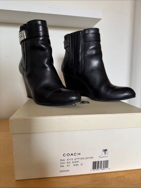 Coach Black Leather Wedge Ankle Boots with Buckle